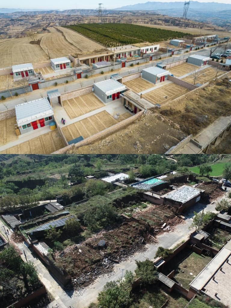 拼版照片，上圖是2022年1月山西省霍州市師莊鄉(xiāng)馮南垣村災(zāi)后恢復(fù)重建后的場(chǎng)景，下圖是2021年10月村莊因?yàn)?zāi)受損的場(chǎng)景。(霍州市委宣傳部供圖)