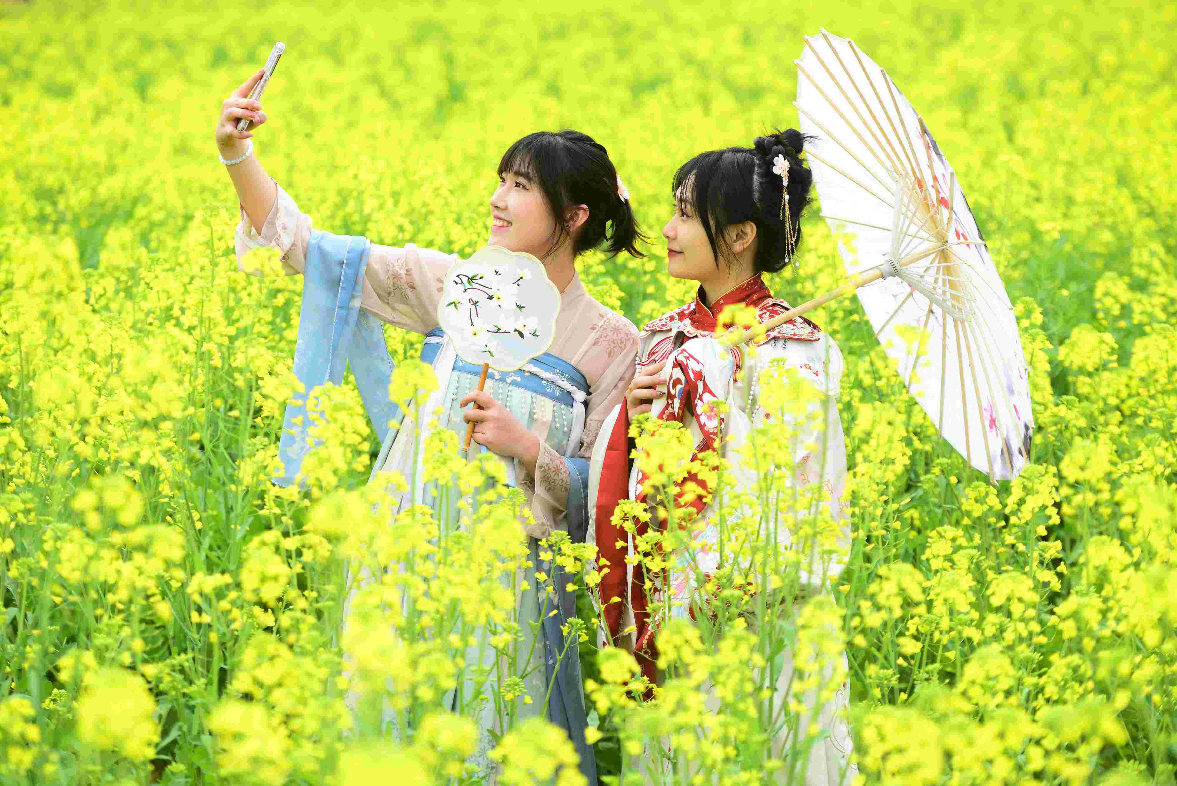 △ 2024年2月16日，廣西賀州，在富川瑤族自治縣麥嶺鎮(zhèn)三民村，游客在油菜花田間賞花拍照。