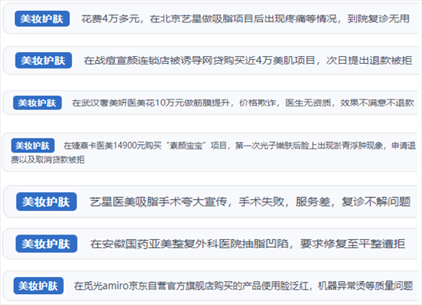 “人民投訴”用戶舉報(bào)醫(yī)美未達(dá)預(yù)期效果或?qū)е律眢w損傷退款遭拒、機(jī)構(gòu)及服務(wù)人員虛假資質(zhì)、被誘導(dǎo)高額醫(yī)美貸、網(wǎng)購美容儀器質(zhì)量不過關(guān)等問題。（“人民投訴”平臺截圖）