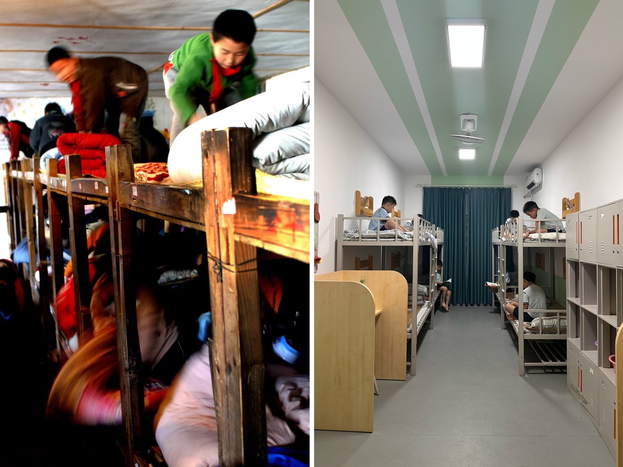 縉云縣東渡鎮(zhèn)長(zhǎng)坑小學(xué)2005年以前的學(xué)生宿舍（左），以及現(xiàn)在的學(xué)生宿舍（右） 學(xué)校供圖