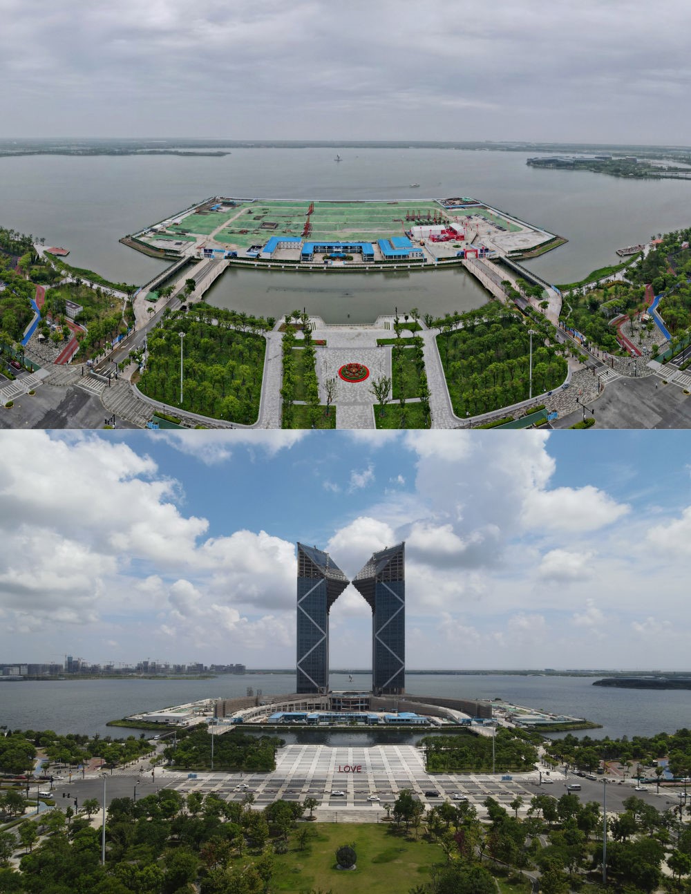 拼版照片：空中俯瞰中國(guó)（上海）自由貿(mào)易試驗(yàn)區(qū)臨港新片區(qū)滴水湖西島中銀金融中心項(xiàng)目現(xiàn)場(chǎng)（上圖為2021年6月20日攝，無(wú)人機(jī)照片；下圖為2024年8月14日攝，無(wú)人機(jī)照片）。2019年8月20日，臨港新片區(qū)揭牌成立，一個(gè)開(kāi)放新高地在長(zhǎng)江與東海交匯處日益崛起。