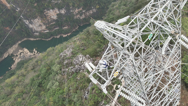 羅統(tǒng)在魯馬Ⅰ線1號塔上進(jìn)行帶電作業(yè)。受訪者供圖